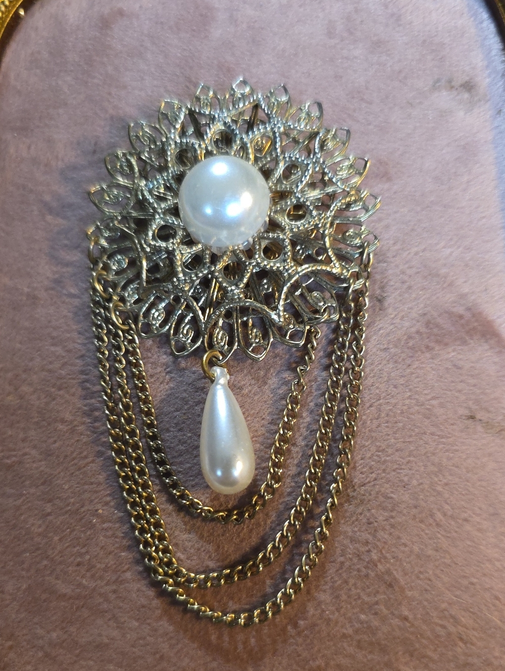 Vintage Victorian Revival Gold Faux Pearl Filigree Chain Dangle Brooch Pin